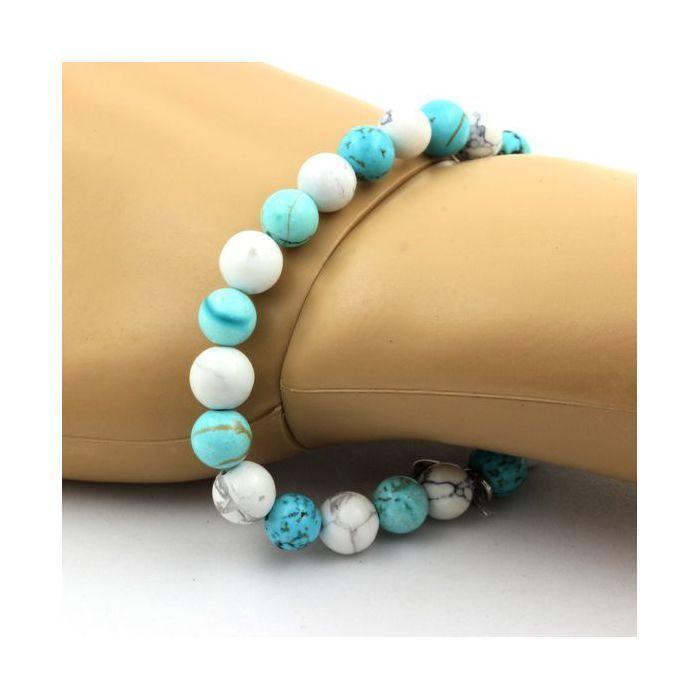 Pierres et Minéraux. Bracelet Perles Howlite + Turquoise 8 mm. Fabriqué en France.
