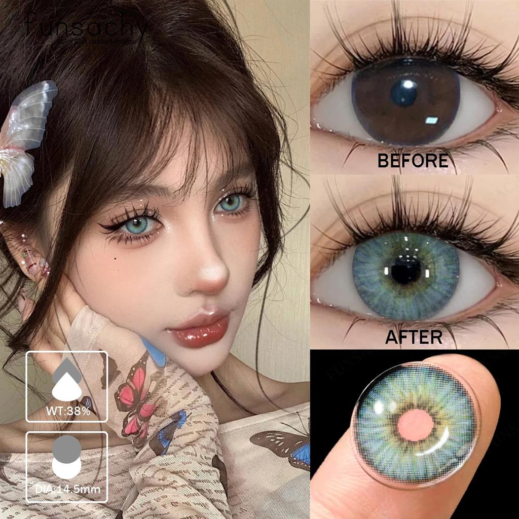 FUNSACHY 1 пара корейских линз, цветные контактные линзы, натуральные линзы для глаз, мягкие голубые линзы для зрачков, новые коричневые косметические средства, годовая цена