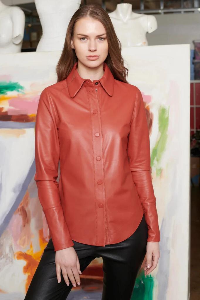 Handmade Casual Formal Leather Red Shirt Genuine Soft Stylish Lambskin Women's