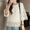 Women Casual Round Neck 3/4 Sleeve Loose Patchwork Lace Blouse
