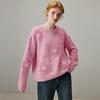 2025 Women Sweaters Knitting Basic Embroidered Flowers O-Neck Style Loose Pink Pullover Sweater
