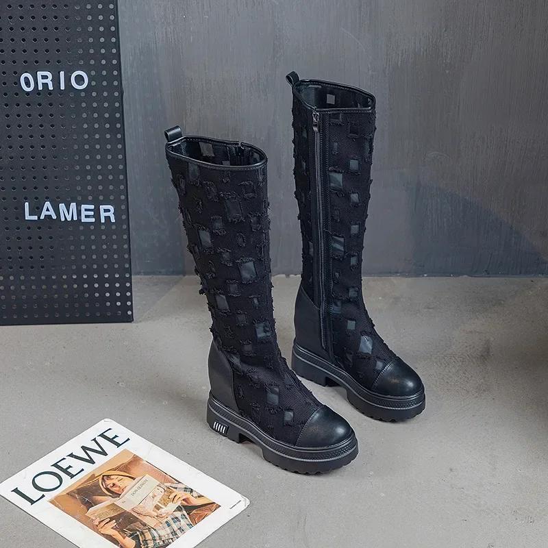 Ковбойские сапоги для женщин летние джинсовые парусиновые сапоги на толстой подошве дышащие полые сетчатые с внутренней платформой крутые сапоги женские боты