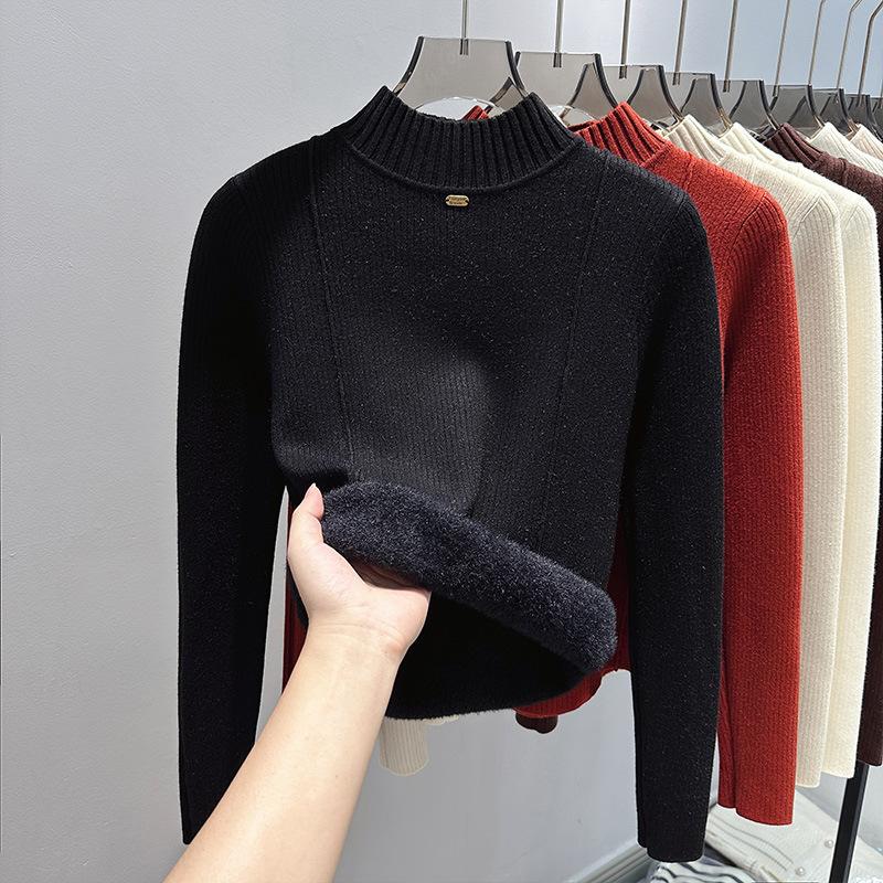 Integrated Fleece Fabric, Fleece Thickened Sweater Women's Semi-turtleneck Bottoming Shirt with New Autumn and Winter Knitted Sweater Inside