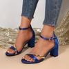 Metal Decoration Black Sandals Women 2025 Summer Peep Toe Ankle Strap Party Blue Shoes Square High Heels Slippers