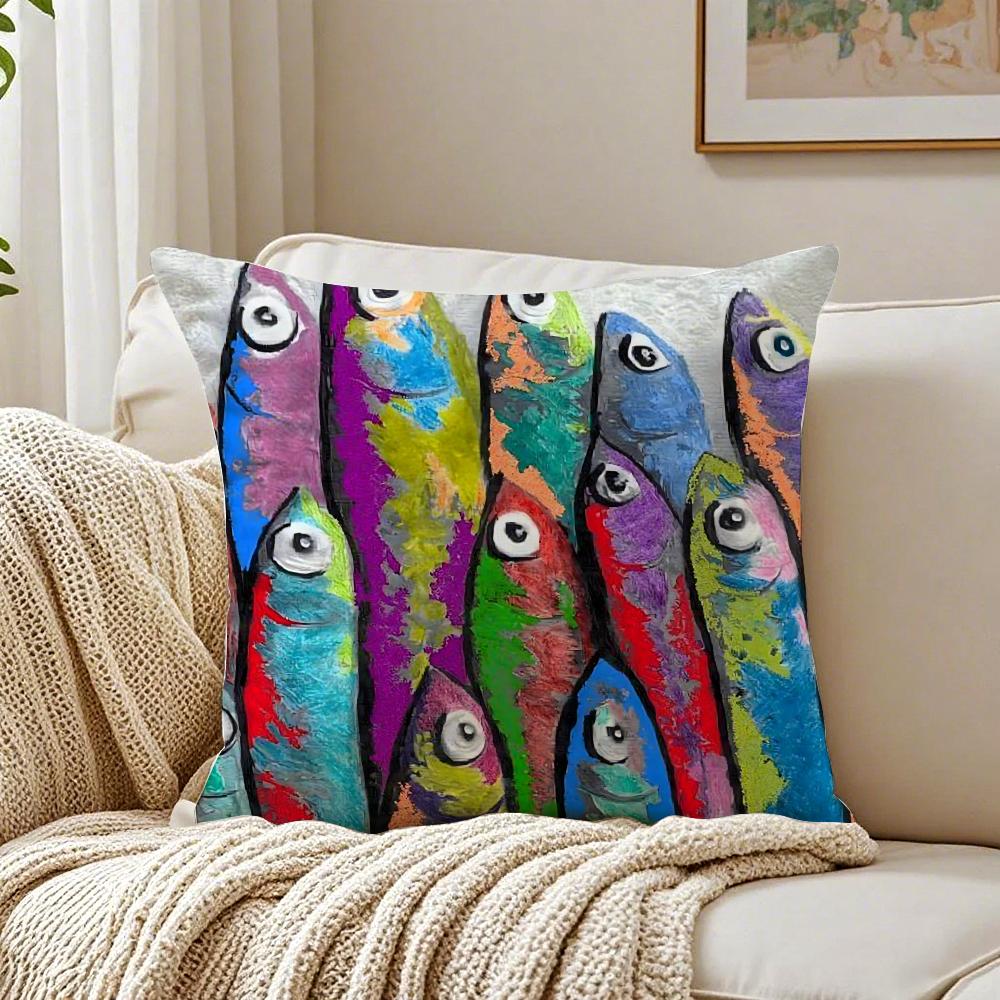 Colorful Sardine Lobster Pattern Art Cushion Cover Linen Pillowcase Soft for Sofa Bed Home Room Decor