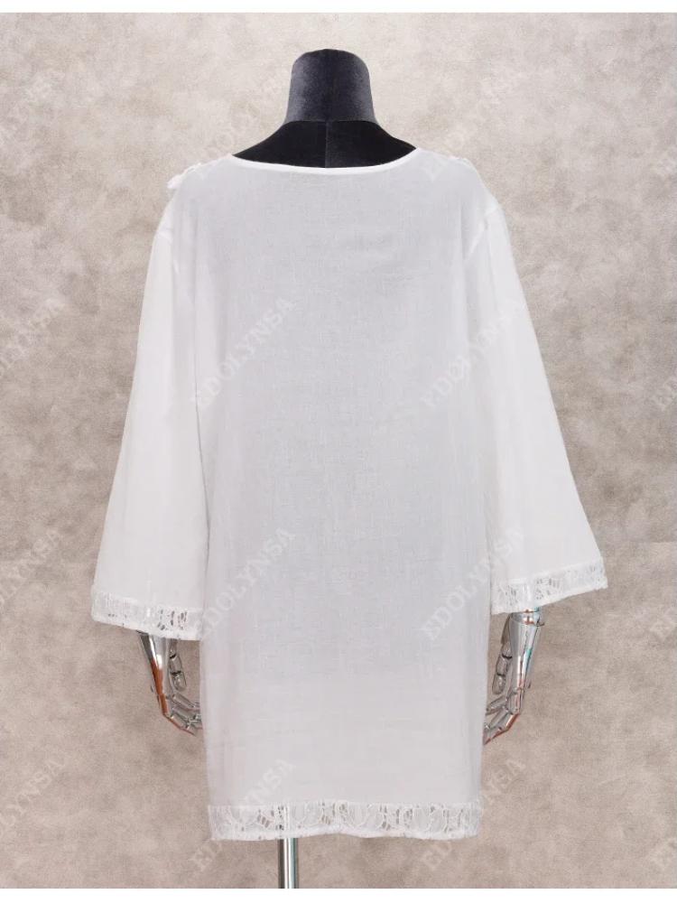 EDOLYNSA Белая шифоновая кружевная туника с кисточками, пляжная накидка, мини-платье, летняя женская пляжная одежда, купальный костюм, накидка, саронг Q1147