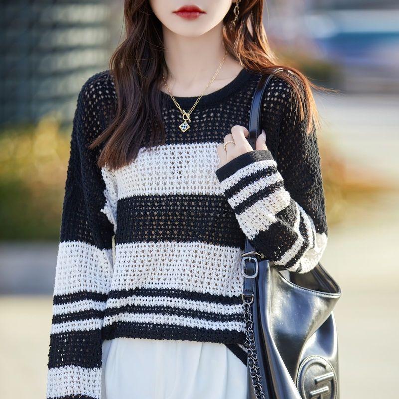 Весенне-летний ажурный вязаный свитер с вязаными полосками, свободный, с длинными рукавами, солнцезащитный чехол, тонкий топ