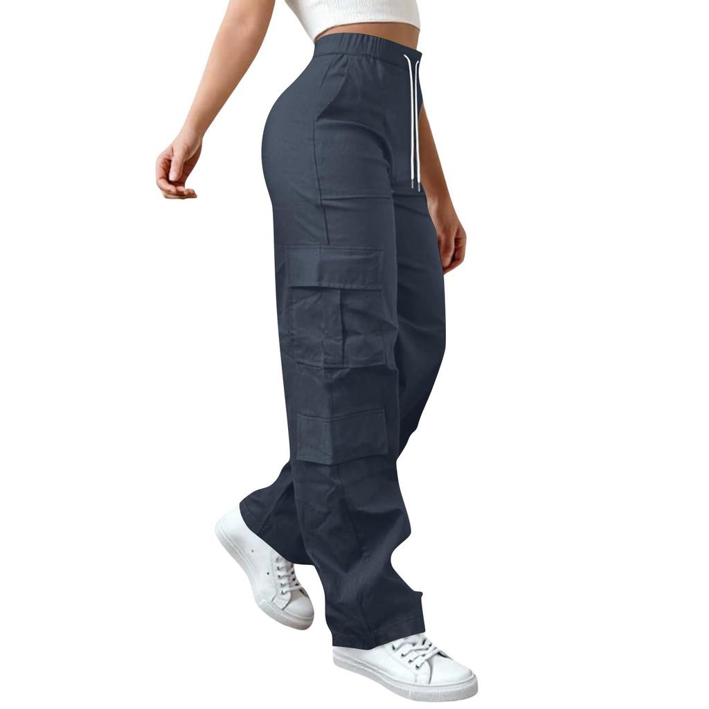 Womens Elastic High Waisted Cargo Pants Stretch Casual Wide Leg Streetwear Parachute Hiking Pants With Pockets