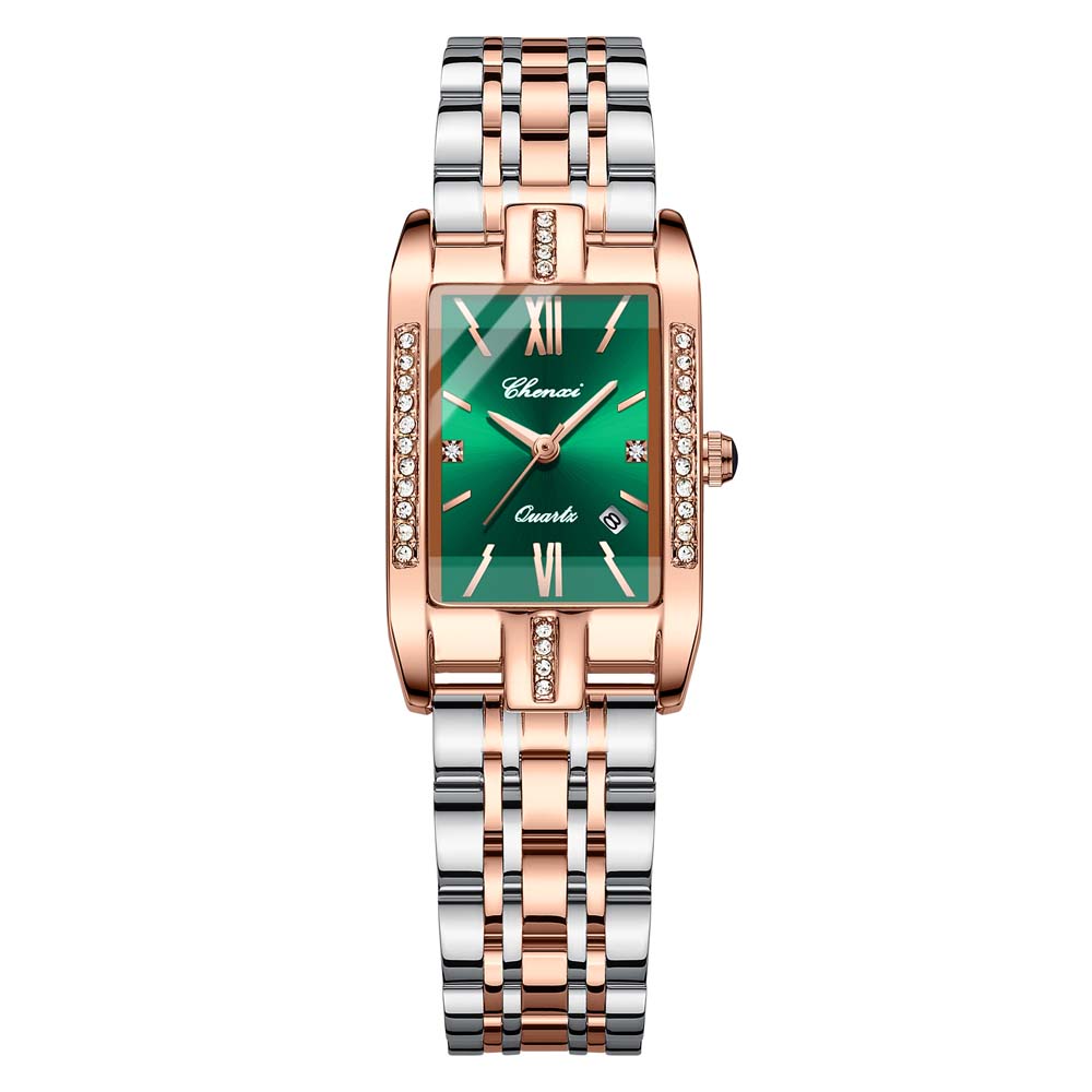 CHENXI New Square Ladies Watch Date Display Solid Stainless Steel Strap Diamond-Accented Fashion Quartz Watch for Women