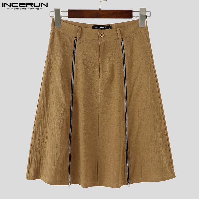 INCERUN Men High Waist Zip-up Long Skirts Casual A-line Splits Kilt