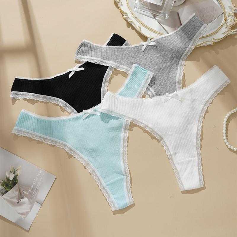 Women's Sexy Bowknot Solid Color Breathable Cotton Low Rise Thong M-XL