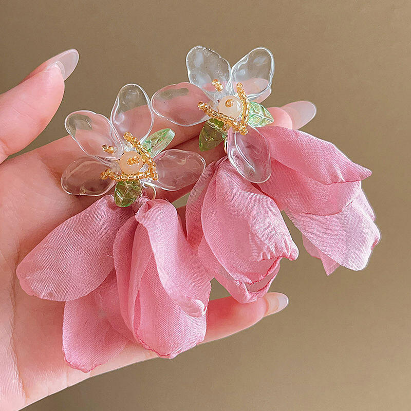 Винтажные серьги с длинной кисточкой в виде цветка для женщин, милые шифоновые серьги-подвески с темпераментом, для вечеринки, свадьбы, пляжа