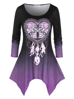 Rosegal Plus Size Ombre Skull Heart Hanky Hem Туника Футболка