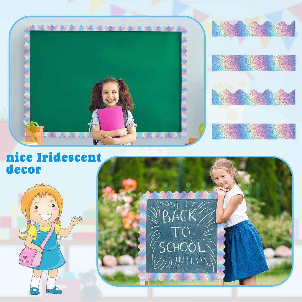 Gueevin 90 Pcs Iridescent Bulletin Board Borders Classroom Decor Iridescent Straight Rolled Border Trim Bulletin Borders for Teacher Students