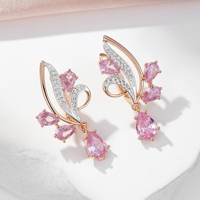 Kinel Pink Zircon Long Drop Earrings For Women Silver Color Luxury Party Jewelry