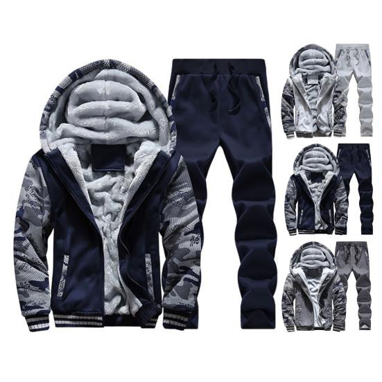 2 шт./компл., мужское зимнее пальто, брюки, костюм с капюшоном, толстые мягкие плюшевые карманы, длинные рукава, камуфляжный принт, ветрозащитный, теплый, эластичный пояс, шнурок для мужчин