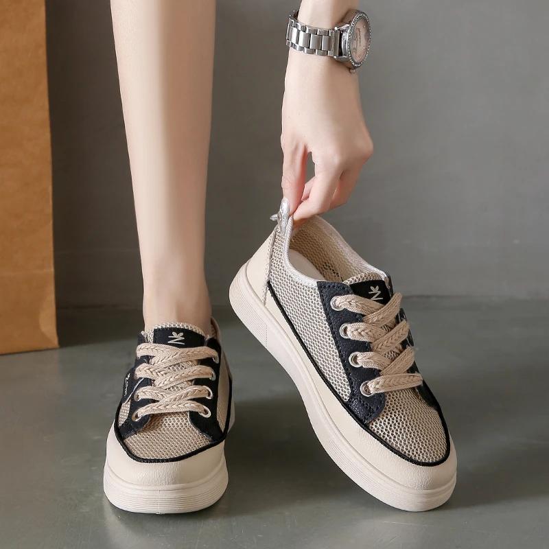 Мода Женская обувь 2024 Сетчатая женская вулканизированная обувь Дышащие женские кроссовки Смешанные цвета Шнуровка Плоская платформа Женская повседневная обувь