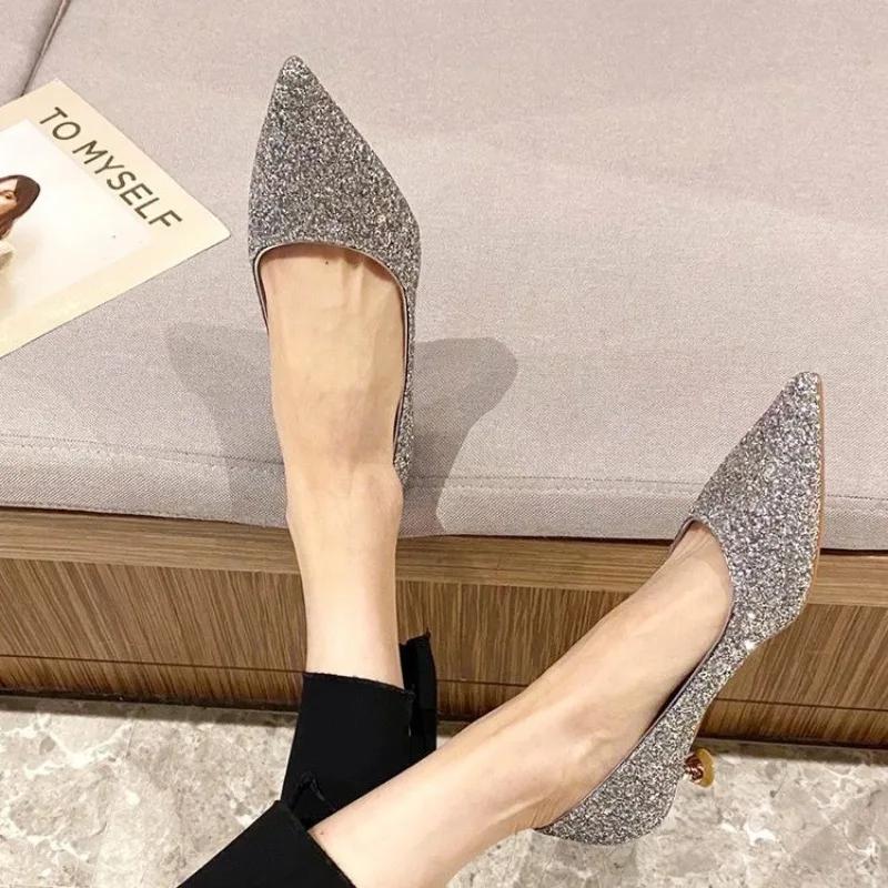 Женские туфли на каблуке 2024 года, новый стиль, модные универсальные женские туфли с пайетками на весну и осень, удобные туфли с острым носком Zapatos
