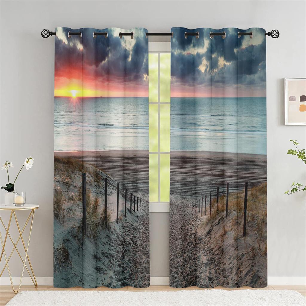 Beach Scenery Series Sunshade Curtains Deluxe Living Room Bedroom Home Decoration Sunset Beach Thin Curtains