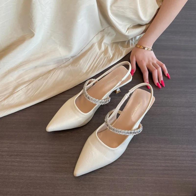 Женская обувь 2025 Новые летние туфли-лодочки с острым носком на шпильке, женские сандалии с ремешком на пряжке, модные стразовые вечерние сандалии для женщин