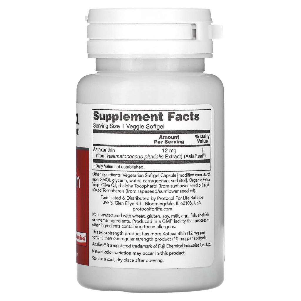 Protocol for Life Balance Astaxanthin, Extra Strength, 12mg, 60 Veggie Softgels