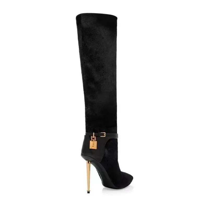 Fashion Women Sexy Metal Lock Decorate Ankle Boots Autumn Winter New Gold High Heel Pointed Belt Buckle Fashion Long Boots Size 34-43