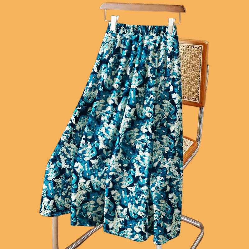 Женская юбка в стиле ретро с принтом в пол, летняя узкая юбка средней длины с эластичным поясом и цветочным принтом