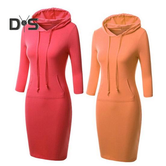 Осеннее платье с капюшоном и большим карманом, облегающее, с завязками на талии, эластичное, однотонное, облегающее мини-платье с рукавами 3/4, повседневное, для офиса, вечеринки, платье
