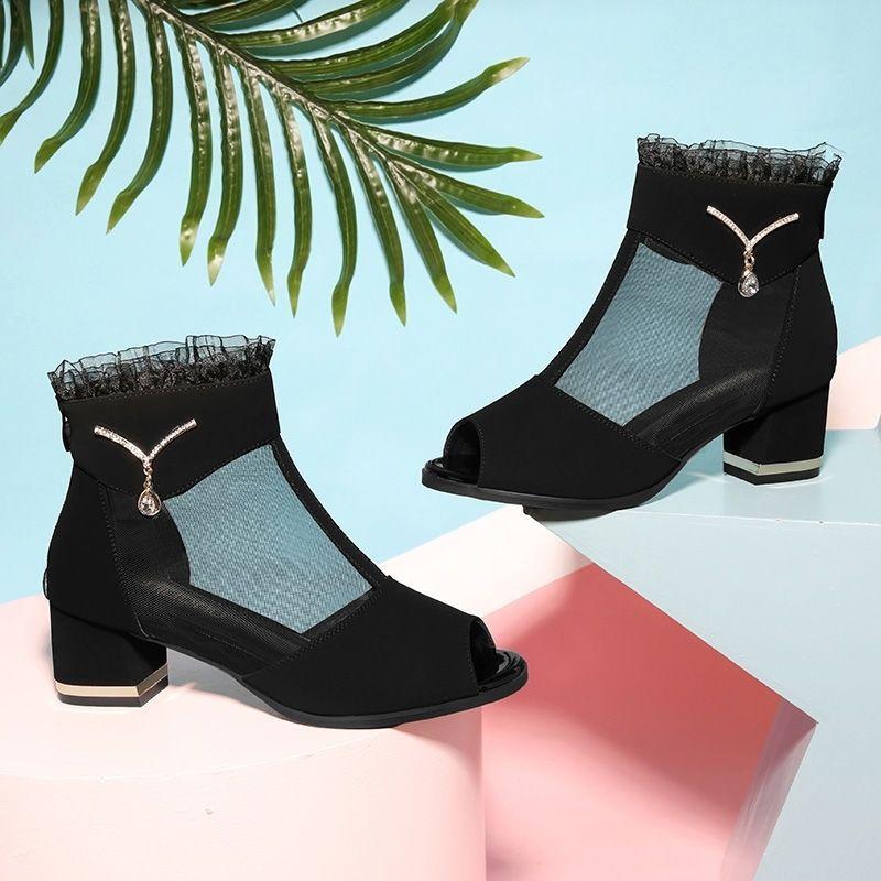 Женские босоножки на высоком каблуке Fish Mouth Летние новые женские босоножки на среднем каблуке Женские босоножки на толстом каблуке с вырезом