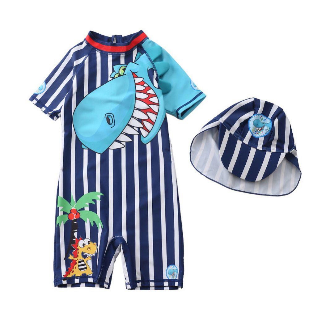 Toddler Boys Rashguard Short Sleeve One-Piece Swimsuit Cute Cartoon Dinosaur Rash Guard with Sun Hat UPF 50+ Sun Protection 1-7T