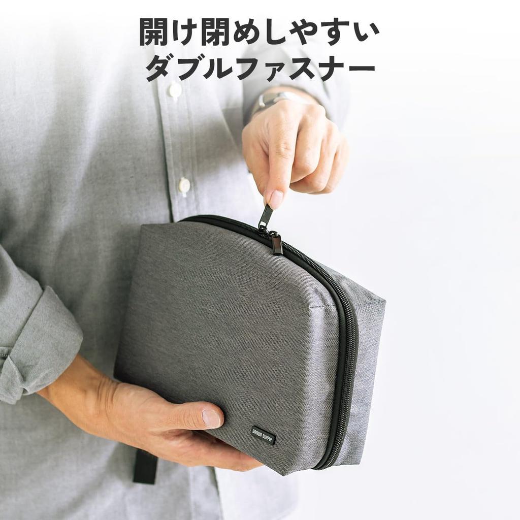 Sanwa Direct Gadget Pouch Large Capacity Double Room Bellows Type Travel Pouch Travel Free Standing Black 200-BAGIN034BK