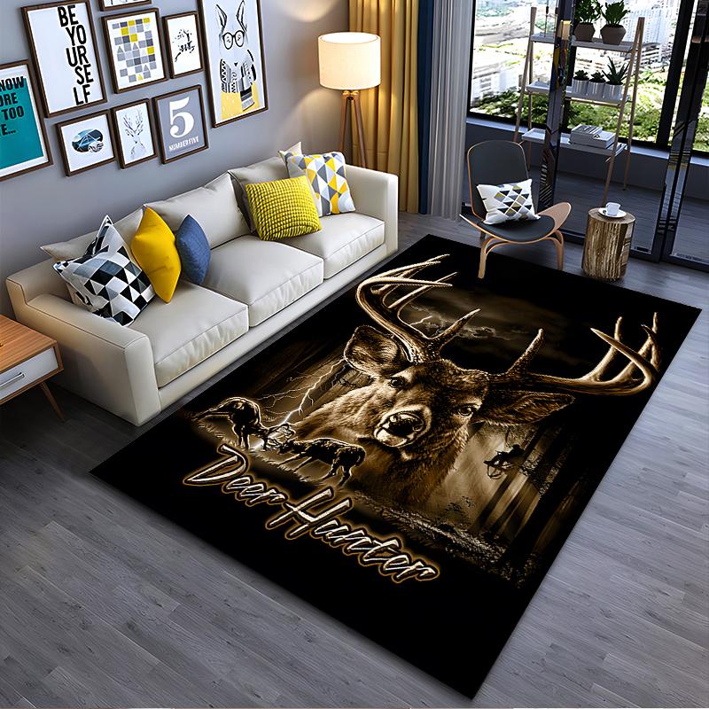 Deer Hunter Design Rug with Forest Background Non-slip rug suitable for living room and bedroom sofas
