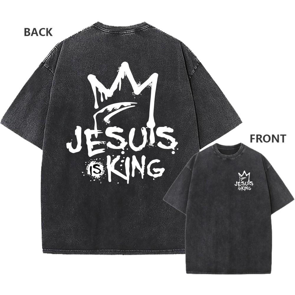 Mens Vintage Washed Cotton Oversized TShirt Jesus Is King Faith Graphic Tee