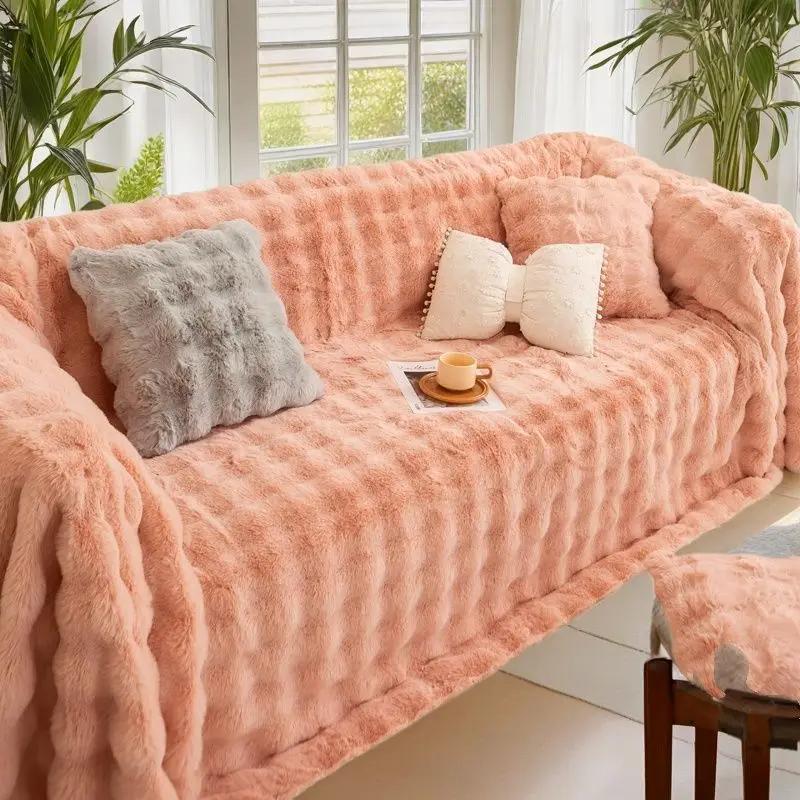 Зеленый мягкий нескользящий плюшевый диван, полное покрытие, плюшевая толстая теплая универсальная подушка, однотонный цвет, 2-3-местный диван, одеяло, коврик, домашний декор