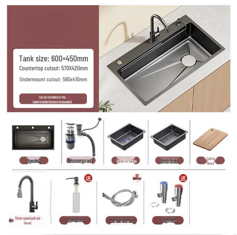Large Single Bowl Kitchen Sink with Pull-Out Faucet