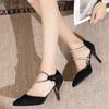 Fashion Crystal Strap Stiletto Heel Pumps Women Black Sexy Pointed Toe High Heels Shoes Woman 2024 Summer Flock Banquet Shoes