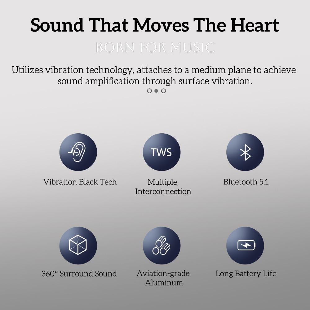 Вибрационный динамик | 360° объемный звук, Bluetooth 5.1, TWS стерео, авиационный алюминий, мощная присоска - портативная беспроводная колонка