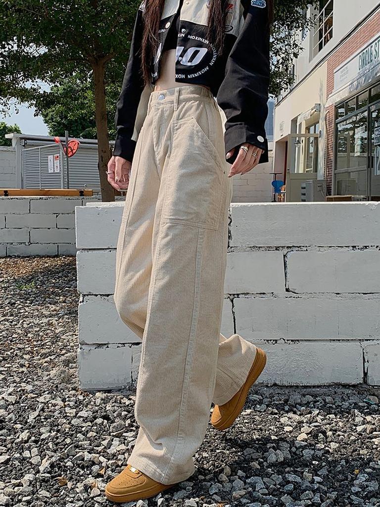 Вельветовые брюки в стиле ретро, ​​коричневые, осенне-зимние, широкие брюки-«ножи» для женщин, высокие, с высокой талией, длинные леггинсы.