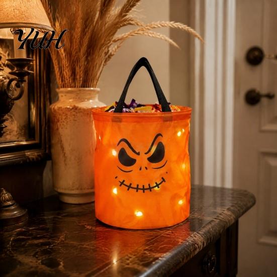Illuminated Halloween Candy Basket Glowing Pumpkin Bag with LED Lights, Reusable Treat Spooky Tote Lights for Kids, Trick or Handbag Party Favors