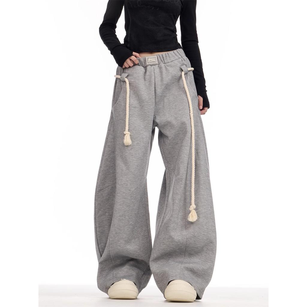 Casual Straight Drag Pants Women Vintage Cotton Solid Color Sweatpants Autumn High Street Gray Wide Leg Machete Pants