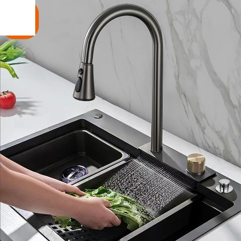 New 4 Modes Waterfall Grey Sink Kitchen Faucet Hot Cold Pull Out Mixer Sprayer Head Flying Rain Tap Single Hole Deck Mounted
