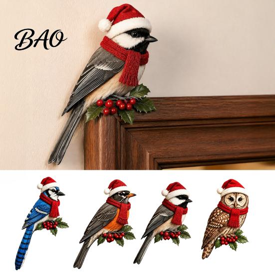 Christmas Mantel Fireplace Decor Wooden Bird Door Topper, Cute Corner Statue, Woodland Animal Frame Holiday Sign Art for Winter Home Wall Window