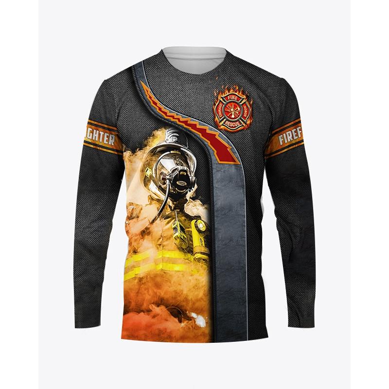 Осенняя мужская футболка с круглым вырезом и графическим принтом пожарного, повседневный пуловер большого размера с длинными рукавами, модная уличная мужская одежда