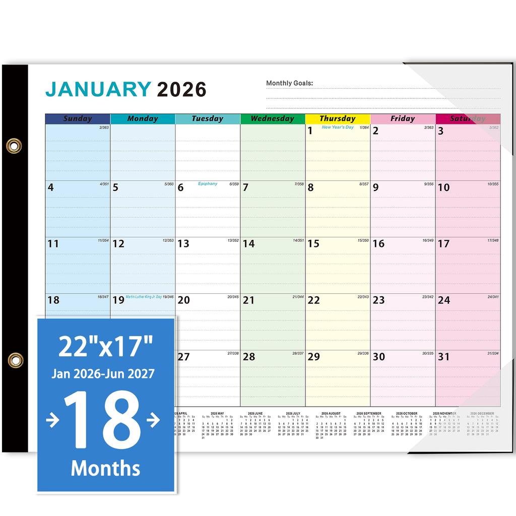 Большой английский календарь на 2026 год, 18-месячный настенный и настольный планер