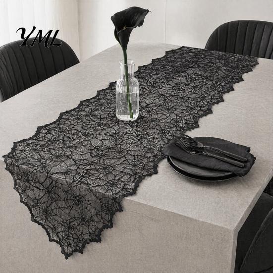 Decorative Table Accessories Spider Web Runner, Black Lace Gothic Tablecloth Cobweb Runner for Halloween Dining Decoration