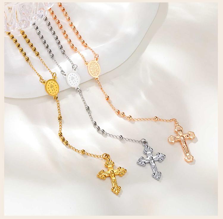 Rosary Beads Cross Necklace for Women, Stainless Steel  Crucifix Virgin Mary Y Shape Necklaces Jewelry