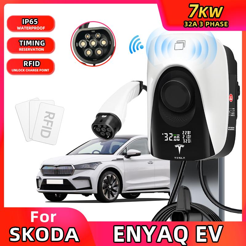 Tesla 7 кВт IEC62196-2 Тип 2 32А Электромобиль 3-фазный Для Skoda Enyaq Smart Car Быстрая автоматическая зарядная станция Подключение к разъему Управление через приложение на телефоне
