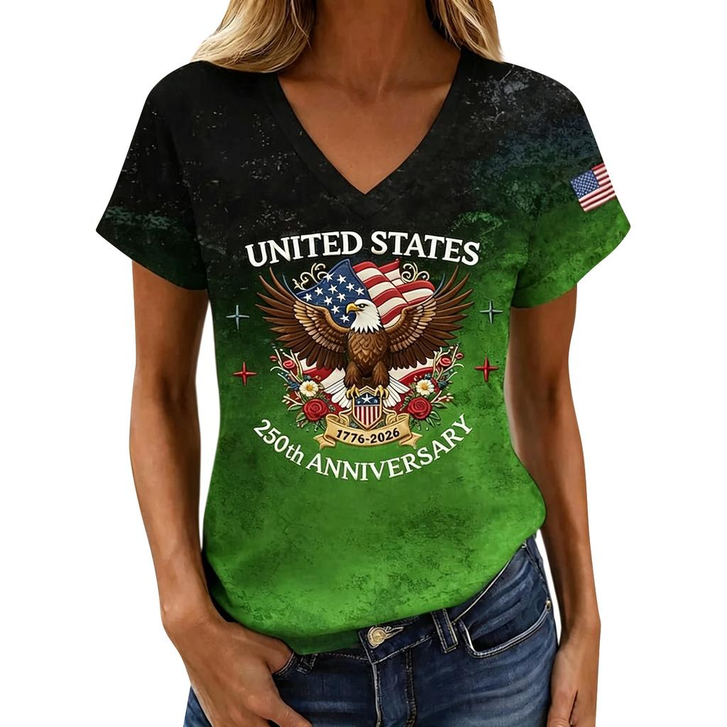 Women Casual V Neck Short Sleeve Pullover T Shirt Independence Day Graphic Top Lightweight Comfortable Fit