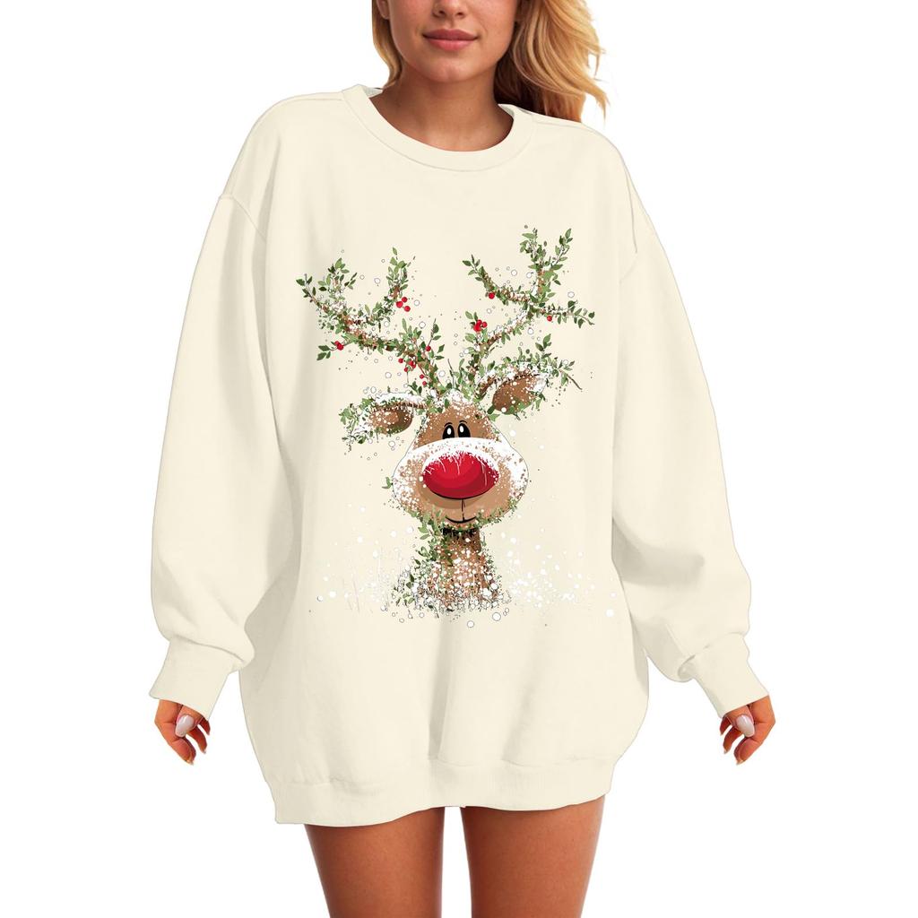 Женский модный повседневный пуловер с длинными рукавами свободного кроя и рождественским принтом, с круглым вырезом