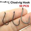 50PCS Teflon Coating Carp Fishing Hook Chod-Rig Hook Kaptor Choddy Carbon Steel Black Micro Bared with Outturned Eye Carp Hook
